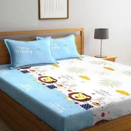 Graphic Printed Cotton Blend Double Size Fitted Bedsheet with 2 Pillow Covers-image-92