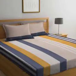 Striped Printed Cotton Blend Double King Size Fitted Bedsheet with 2 Pillow Covers-image-6