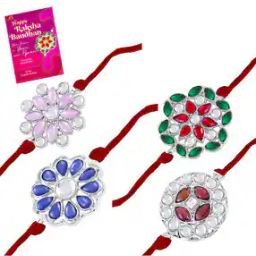 Set of 4 Stone-Studded Rakhis with Greeting Card-7