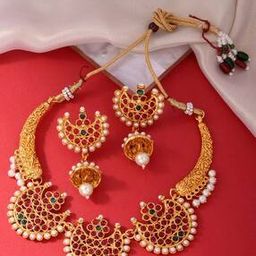 Gold-Plated Stone-Studded Necklace & Earrings Set-image-22