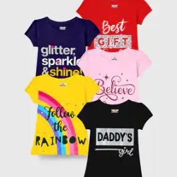 Girls Pack of 5 Typographic Print Relaxed Fit Round-Neck T-Shirts-image-41