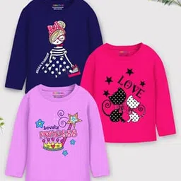 Girls Pack of 3 Graphic Print Regular Fit Round-Neck T-Shirts-picture-23