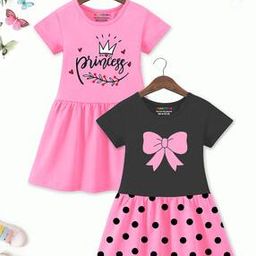 Pack of 2 Girls Typographic Print A-Line Dresses-image-67