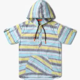 Boys Striped Slim Fit Hooded Shirt with Kangaroo Pocket-image-51