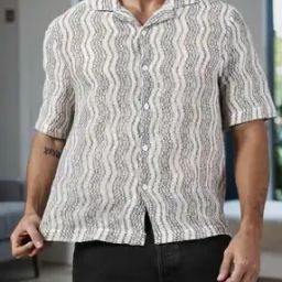 Shein Cuban Collar Short Sleeve Textured Chevron Print Shirt-image-75