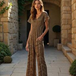 Shein Cinched Waist Notch Neck Casual Animal Pattern Black Color Sleeveless Extended Sleeves V Neck Jumpsuits-picture-33