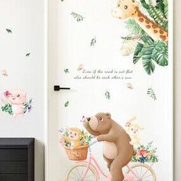 Cartoon Animals Pig Bear Riding Bicycle Plant Wall Sticker-23