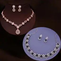 Set of 2 Gold-Plated Stone-Studded American-Diamond Studded Necklace & Earrings -83