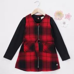 Girls Front Zipper Checked Dress with T-Shirt Set-picture-51