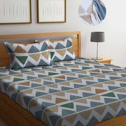 Multicolor Geometric 300 TC Cotton Blend Super King Size Fitted Double Bedsheet with 2 Pillow Covers-image-11