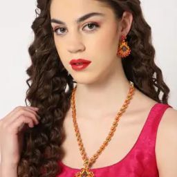 Gold-Plated Crystal-Studded Necklace & Earrings Set-image-87