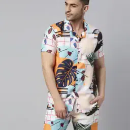 Tropical Print Cuban Collar Shirt & Shorts Set-picture-46