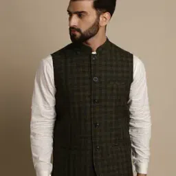 Checked Nehru Jacket with Welt Pockets-11