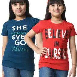 pixie n prince Girls Pack of 2 Typographic Print Regular Fit Crew-Neck T-Shirt-picture-26