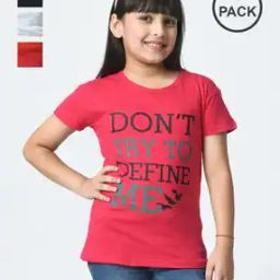 Girls Pack of 4 Typographic Print Regular Fit Crew-Neck T-Shirt-image-28
