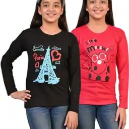 Girls Pack of 2 Graphic Print Regular Fit Round-Neck T-Shirts-image-85