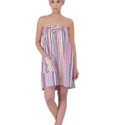 rangoli Pinstripe 100% Cotton, Body wrap /Wearable Bath Towel, Bathrobe with slippers-picture-7