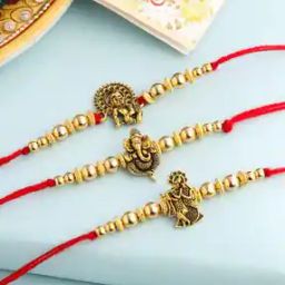 Set of 3 Gold Toned Ganesh Ji Thread Rakhis-image-46