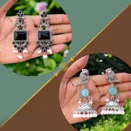  Women Pack of 2 Silver Oxidised Brass Earrings-35