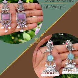  Women Pack of 2 Silver Oxidised Brass Earrings-7