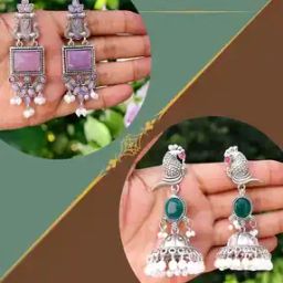  Women Pack of 2 Silver Oxidised Brass Earrings-image-72