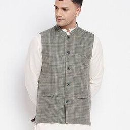 Checked Nehru Jacket with Welt Pockets-20