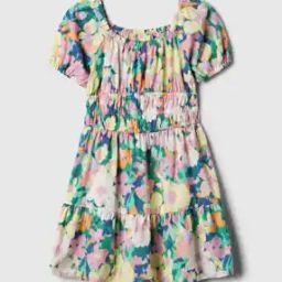 Girls Floral Print Midi Dress with Puff Sleeves-image-57
