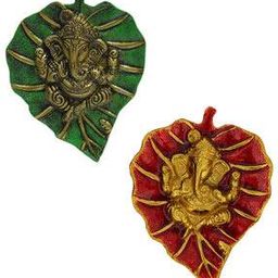 Combo of Lord Ganesha on Green and Red Leaf-image-5
