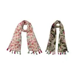 Pack of 2 Women Floral Print Scarves with Tassels-image-69