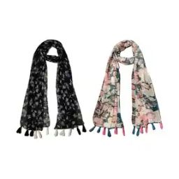 Pack of 2 Women Floral Print Scarves with Tassels-image-82