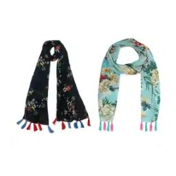Pack of 2 Women Floral Print Scarves with Tassels-21