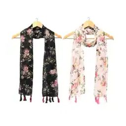 Pack of 2 Women Floral Print Scarfs with Tassel-image-3