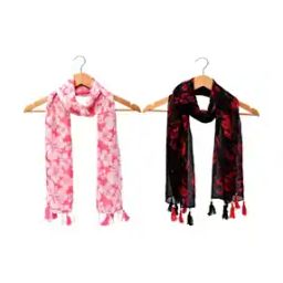 Pack of 2 Women Floral Print Scarfs with Tassels-image-63