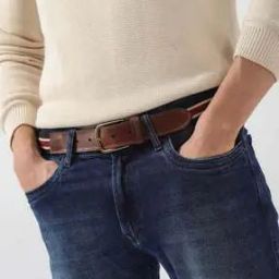 Men Striped Genuine Leather Belt-image-57