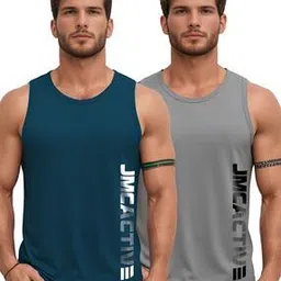 jump cuts Pack of 2 Men Typographic Print Round-Neck Vests-picture-13