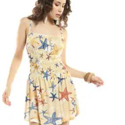 Starfish Print Square-Neck Cami-Shirred Bodice Mini Dress-image-86
