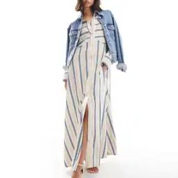 Striped Oversized Double Point Waist Seam Maxi Shirt Dress-image-7