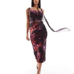 Rouleaux Strap Mesh Cowl Midi dress with Drape Tie Detail in Grape Print-image-29
