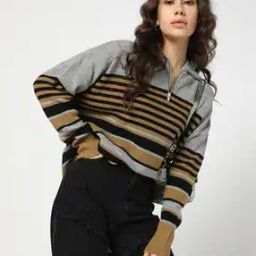 Women Striped Regular Fit Half-Zipper Sweater-image-49