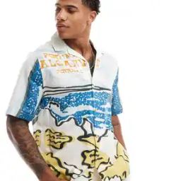 Boxy Relaxed Fit Revere Shirt with Scenic Print-image-58