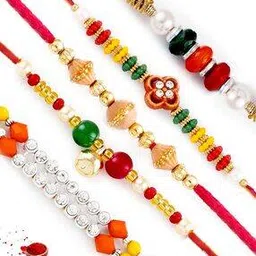 Set of 5 Pearl-Beaded Rakhis with Roli Chawal & Greeting Cards-image-55