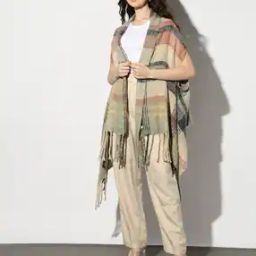 Checked Convertible Shrug Cum Scarf with Tassels-6