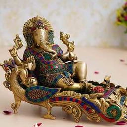 Handcrafted Resting Lord Ganesha Brass Idol with Stone Work-79