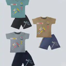 Pack of 3 Typographic Print Crew-Neck Shorts Set-picture-16