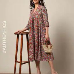 Sanganer Handblock Print Cotton A-Line Dress-image-19