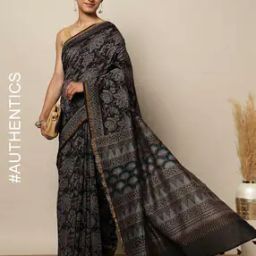 Handblock Ajrak Print Chanderi Saree-0