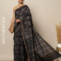 indie picks Handblock Ajrak Print Chanderi Saree image 1