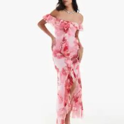 Floral Print Frill Bardot Bias Cut Maxi A-Line Dress-image-41