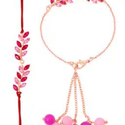 Leaf Design Crystals Bhaiya & Bhabhi Rakhi Set-image-1
