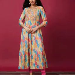 Women Embroidered Yoke Abstract Printed Panelled Anarkali Kurta-6